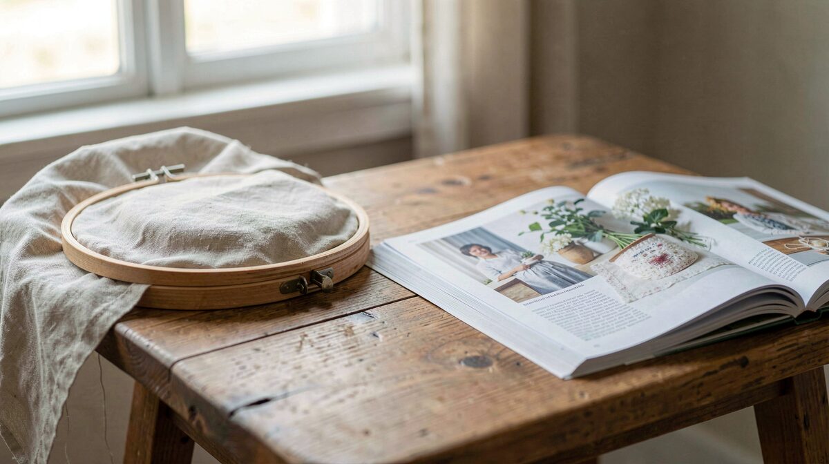 A reading table beside an embroidery hoop, with a printed magazine and linen fabric in soft natural window light, close framing.