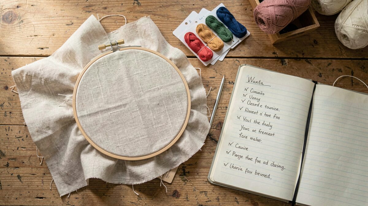 A well-lit craft table with a linen embroidery project, thread cards, and a notebook with a checklist, shot in soft daylight from above.