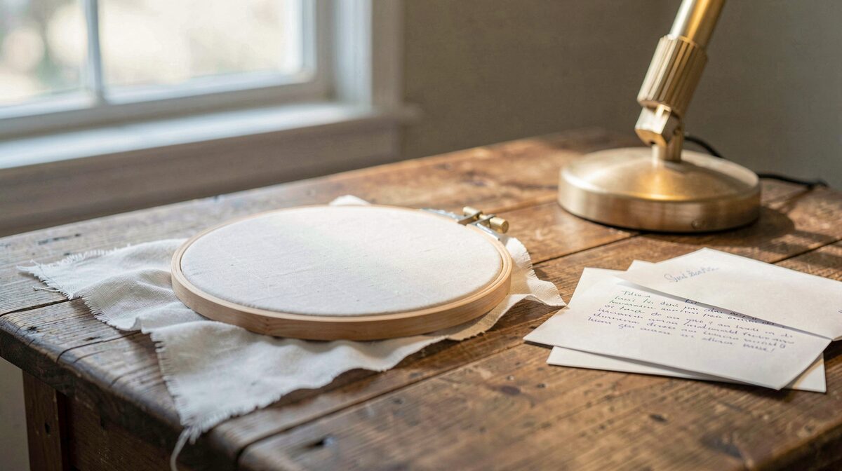 An open embroidery hoop with white linen on a wooden table beside folded letters and a reading lamp, morning light, close framing.