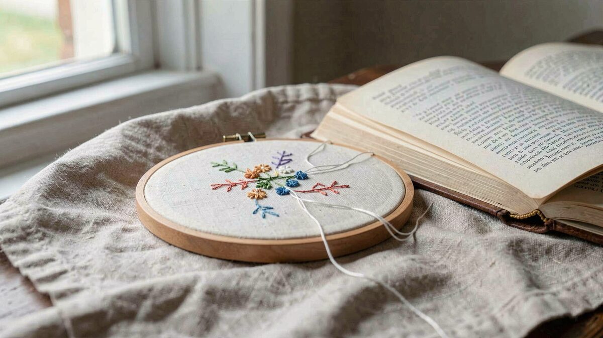 A wooden embroidery hoop holding half-finished stitching rests on a linen cloth beside an open book, in soft daylight from a side window, close-up framing.