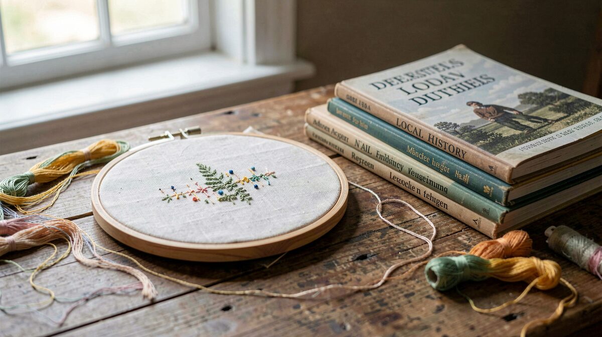 An open embroidery hoop with linen and silk threads beside a stack of local history journals on a wooden table in soft daylight