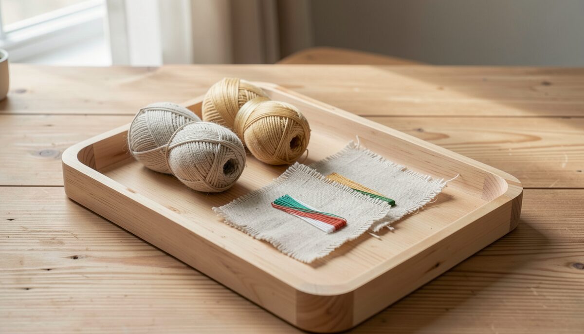 Three small skeins of natural linen, dyed wool and reeled silk resting on a pale wooden tray beside three sample fabric squares stitched with each thread.
