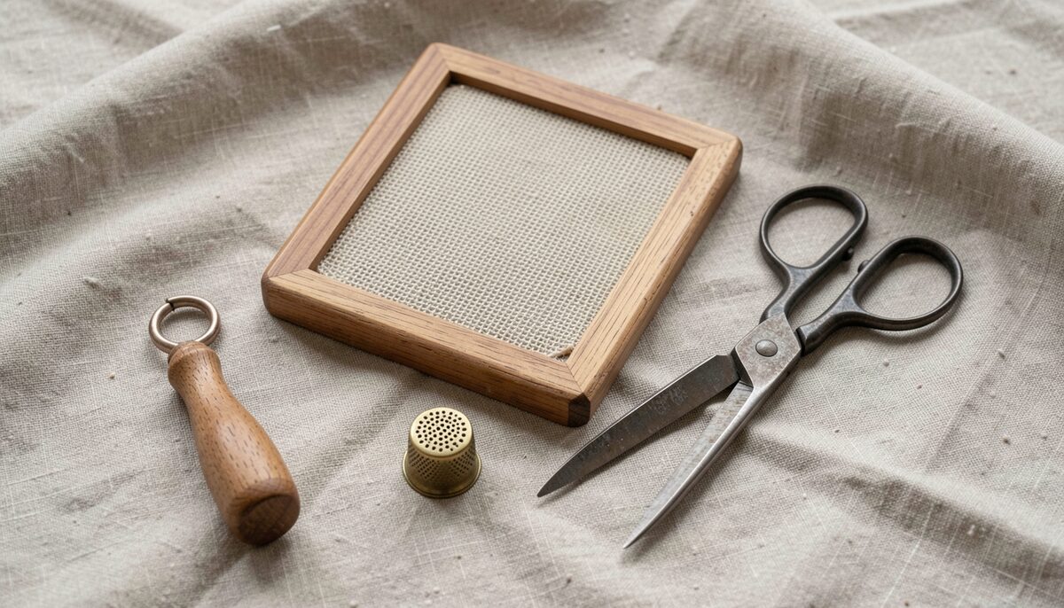 A flat lay of reproduction hand tools on a linen cloth, including a small wooden tambour hook, a slate frame with webbing, a brass thimble and a pair of iron embroidery scissors.