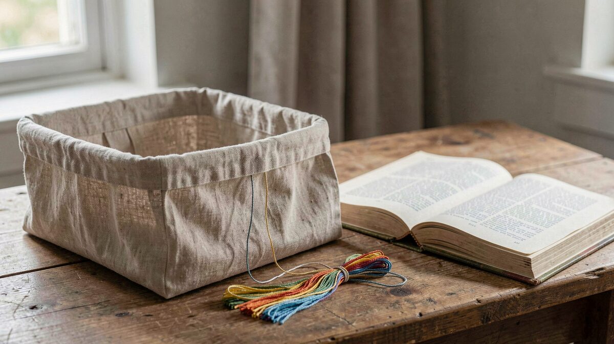 A linen workbasket on a wooden table beside an open book, with morning light from a side window and a length of embroidery floss resting on the cloth.