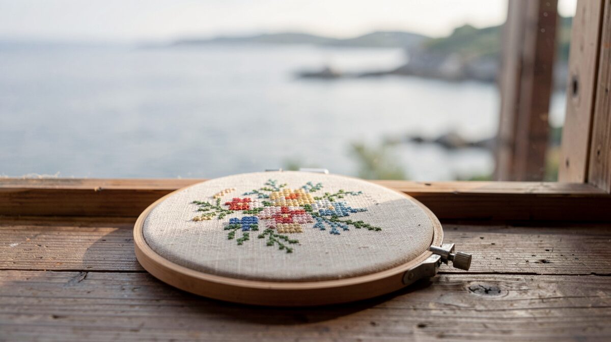 A linen embroidery hoop with half-finished cross stitch resting on a wooden windowsill overlooking a calm bay shoreline in soft morning light.