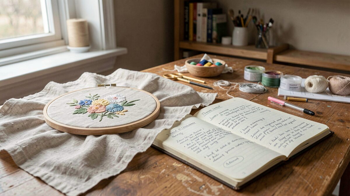 A well-lit craft room table with a linen embroidery project in a hoop beside an open notebook of handwritten workshop plans, natural daylight from a side window.