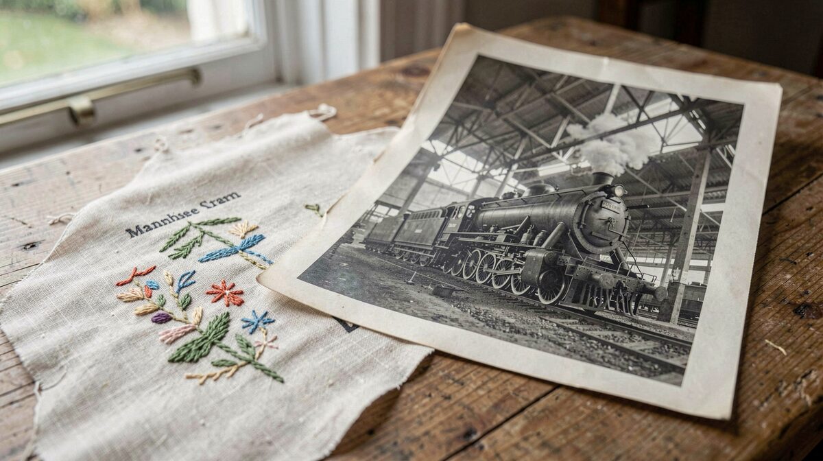 A close view of a linen embroidery sampler on a wooden table beside an old black and white photograph of a Manchester locomotive workshop, lit by soft window light, square framing.